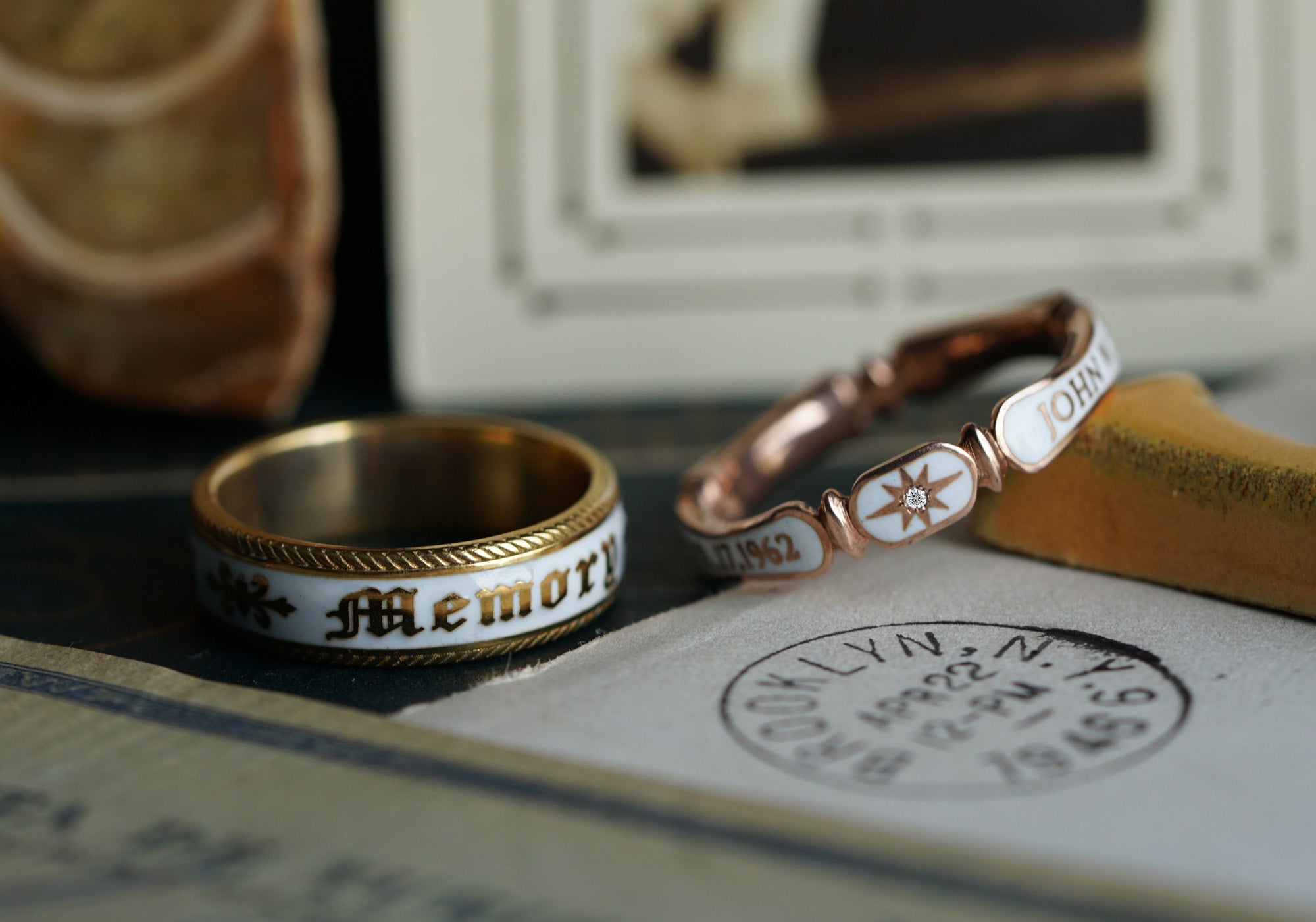 Stackable memorial rings in various enamel colors, perfect for mixing and matching.