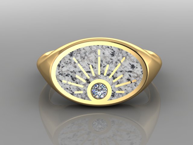 A gold signet ring with an oval face featuring a sunburst design and a small bezel-set diamond. The ring is inlaid with white enamel mixed with a dog's ashes, shown on a reflective gray background.