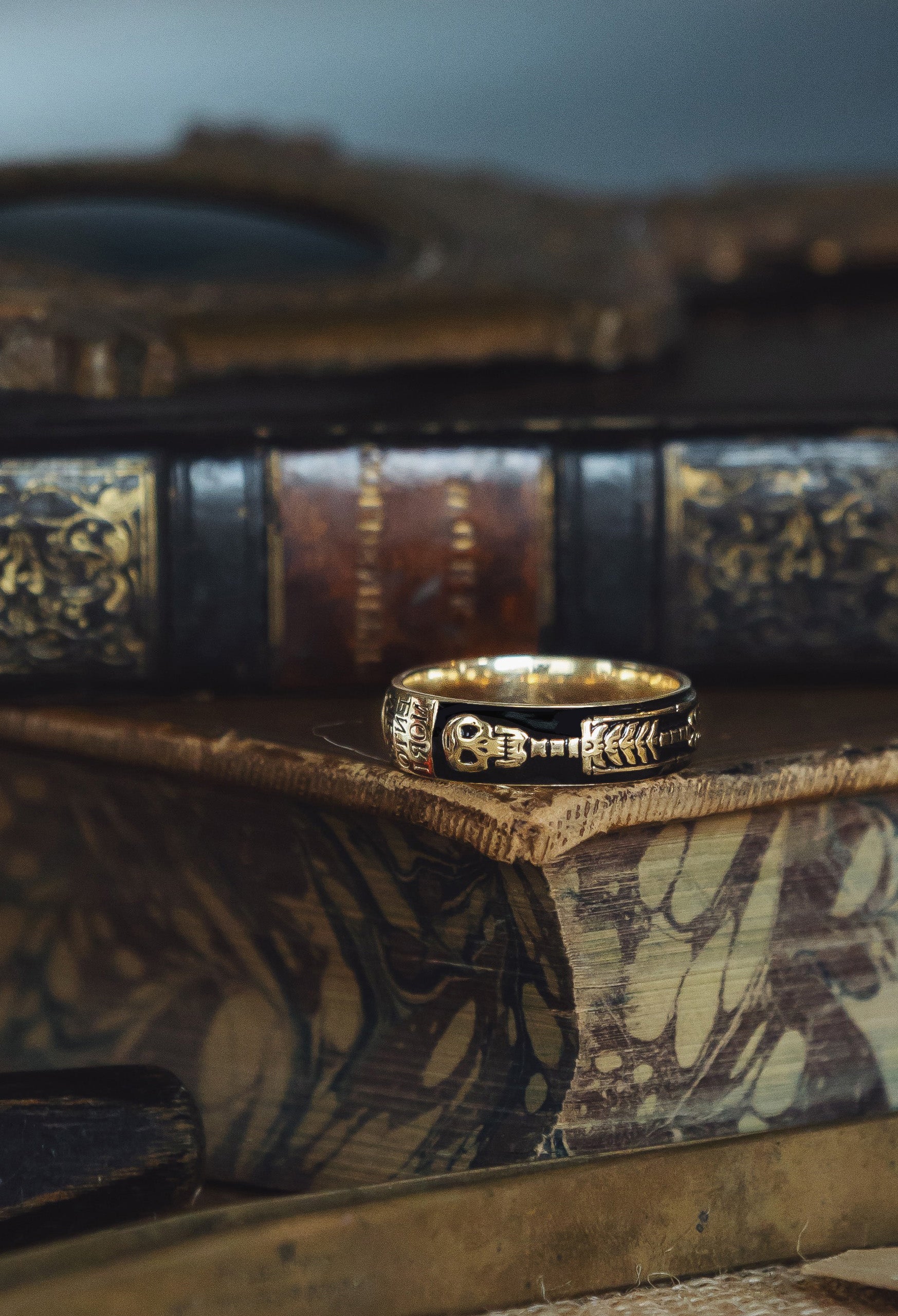 Thin 18k Gold and Enamel Skeleton Band