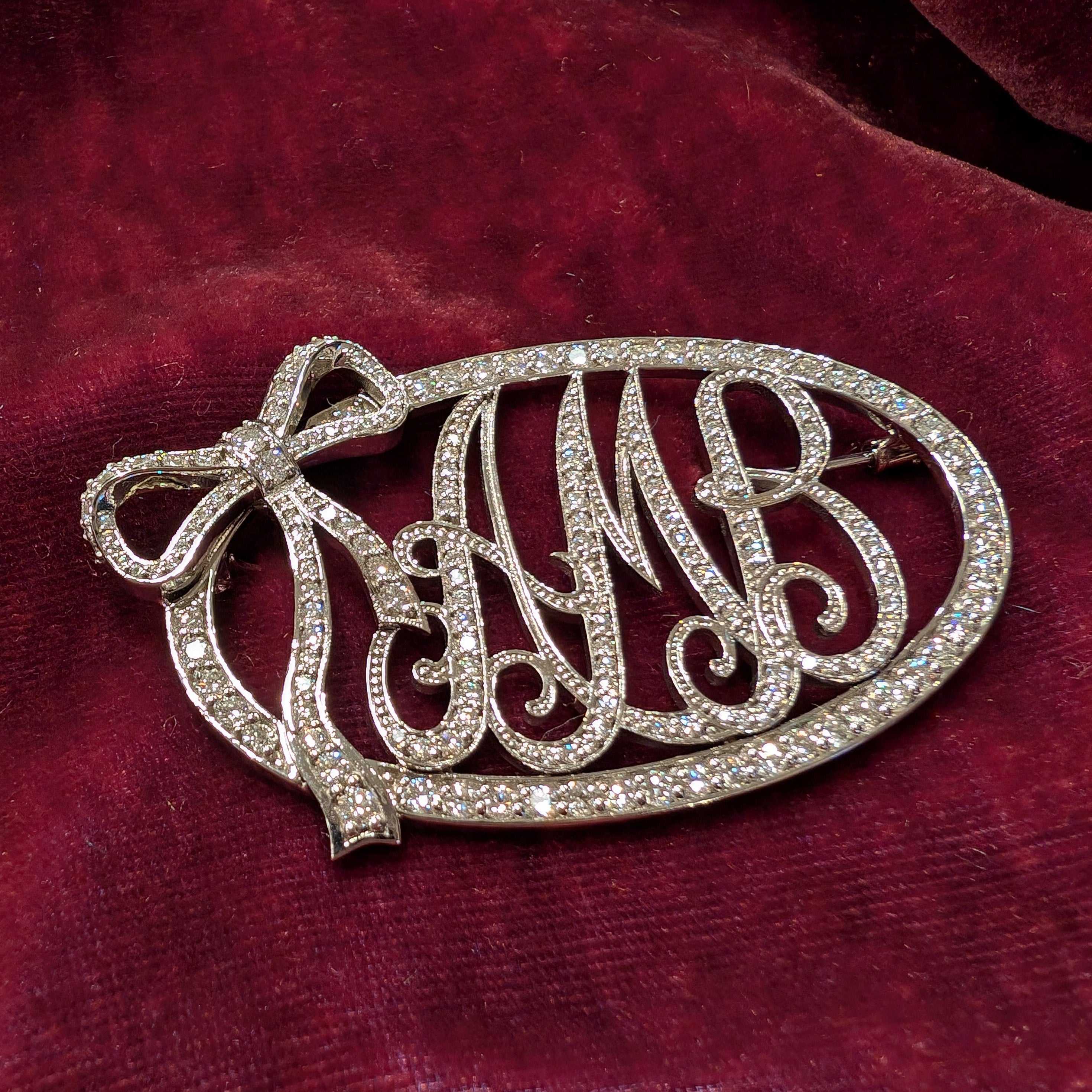 Custom Platinum Enamel Initial Brooch with Bow