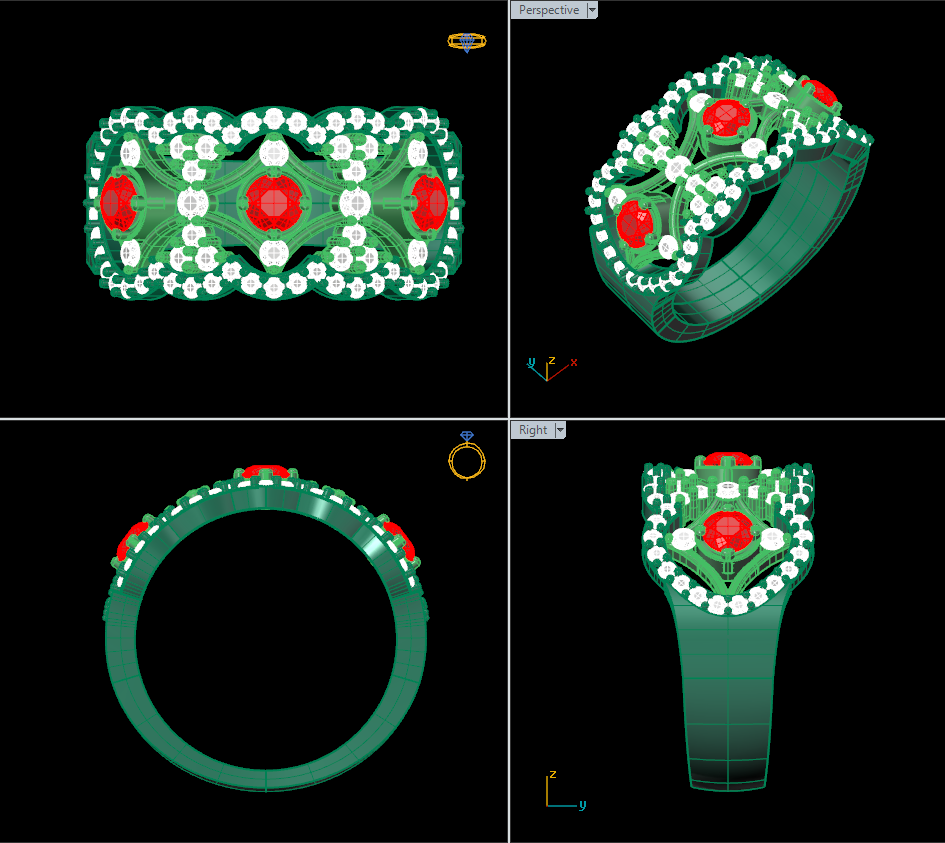 A 3D rendering showing a ring from multiple angles on a black background. The ring features white diamonds and  three red rubies.