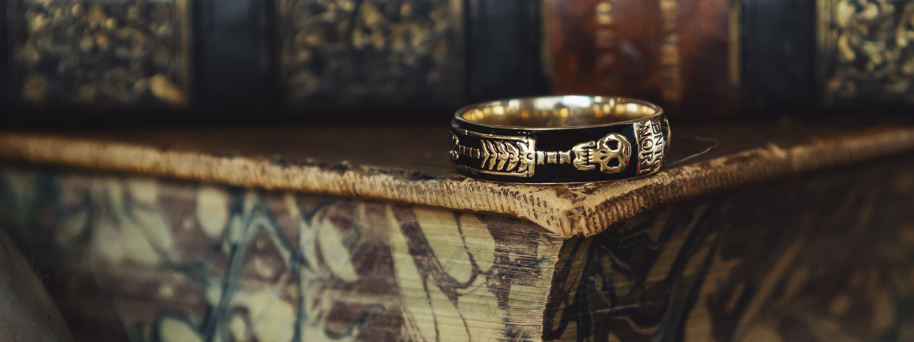 Yellow Gold and Enamel Skeleton Memento Mori Ring 